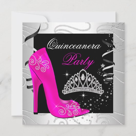 Quinceanera Hot Pink Diamond Black White Kaart (Voorkant)