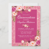 Quinceanera Hot Pink Floral Glitter Uitnodiging (Voorkant)
