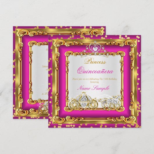 Quinceanera Hot Pink Gold Diamond Horriage Kaart (Voorkant / Achterkant)