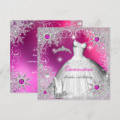 Quinceanera Hot Pink Pearl Silver Winter Snowflake Kaart (Voorkant / Achterkant)