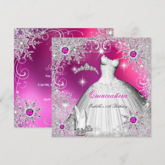 Quinceanera Hot Pink Pearl Silver Winter Snowflake Kaart (Voorkant / Achterkant)