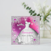 Quinceanera Hot Pink Pearl Silver Winter Snowflake Kaart (Staand voorkant)