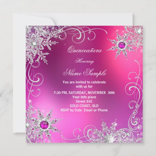 Quinceanera Hot Pink Pearl Silver Winter Snowflake Kaart (Achterkant)