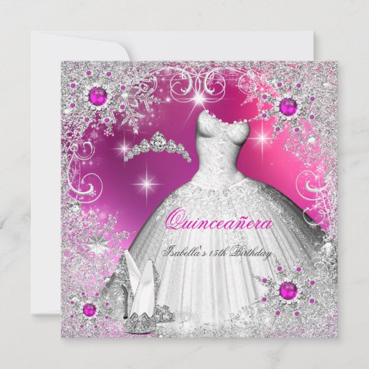 Quinceanera Hot Pink Pearl Silver Winter Snowflake Kaart (Voorkant)