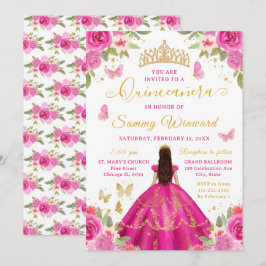 Quinceañera Hot Pink Princess Brunette Girl Kaart