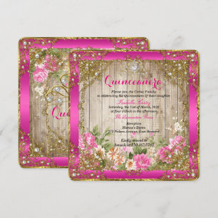 Quinceanera Hot Pink Rustic Wood Floral Gold Kaart