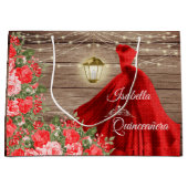 Quinceanera - Hout en Rode Bloemen Groot Cadeauzakje (Voorkant)