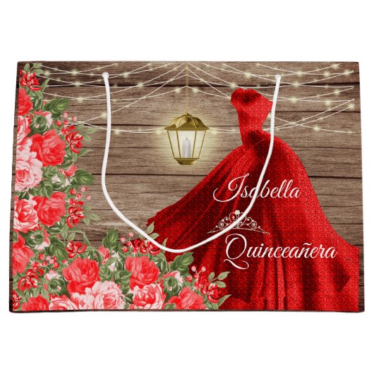 Quinceanera - Hout en Rode Bloemen Groot Cadeauzakje (Voorkant)