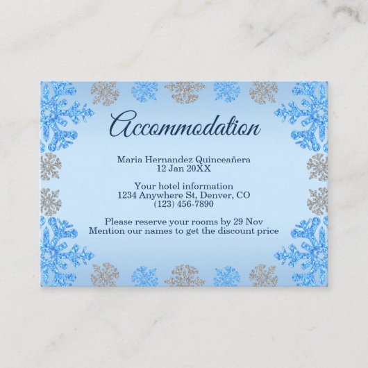 Quinceañera IJsblauw Zilver Winter Sneeuwvlok Informatiekaartje (Voorkant)