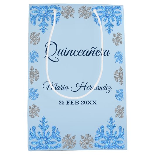 Quinceañera IJsblauw Zilver Winter Sneeuwvlok Medium Cadeauzakje (Voorkant)
