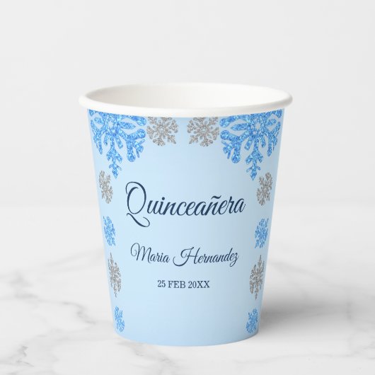 Quinceañera IJsblauw Zilver Winter Sneeuwvlok Papieren Bekers (Voorkant)