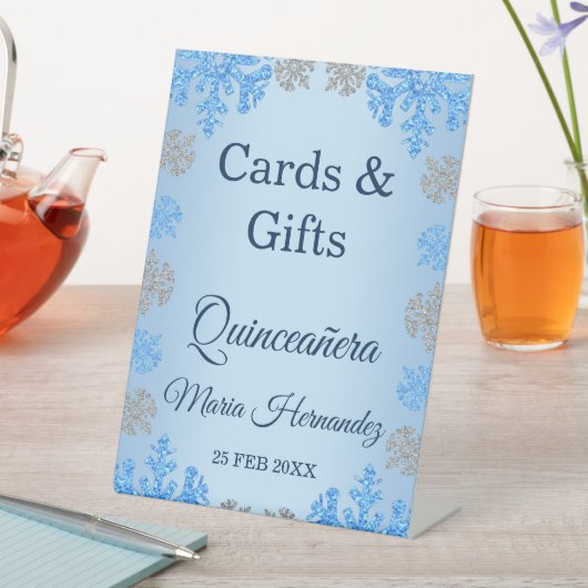 Quinceañera IJsblauw Zilver Winter Sneeuwvlok Reclamebord Met Voetstuk (Insitu)