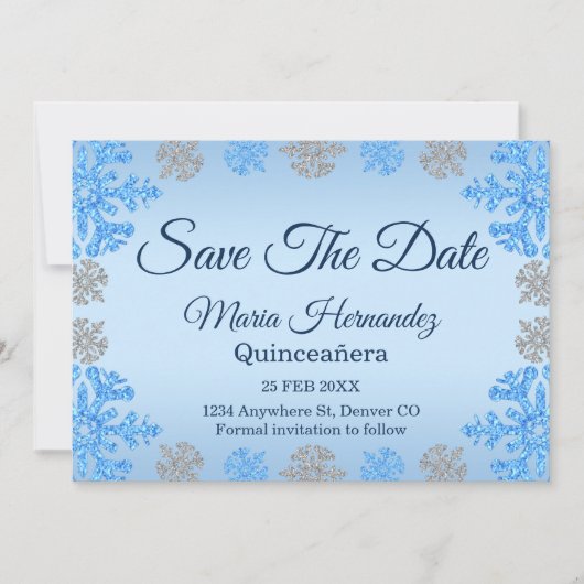 Quinceañera IJsblauw Zilver Winter Sneeuwvlok Save The Date (Voorkant)