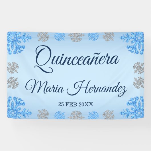 Quinceañera IJsblauw Zilver Winter Sneeuwvlok Spandoek (Horizontaal)