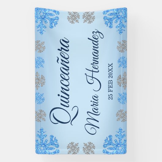 Quinceañera IJsblauw Zilver Winter Sneeuwvlok Spandoek (Verticaal)