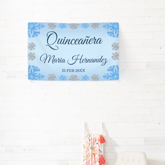 Quinceañera IJsblauw Zilver Winter Sneeuwvlok Spandoek (Insitu)