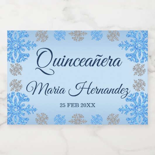 Quinceañera IJsblauw Zilver Winter Sneeuwvlok Sparkling Wijnetiket (Enkel label)