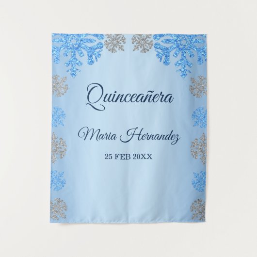 Quinceañera IJsblauw Zilver Winter Sneeuwvlok Wandkleed (Voorkant)