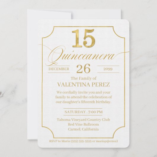 Quinceanera in Gold English Language met Foto Kaart (Achterkant)