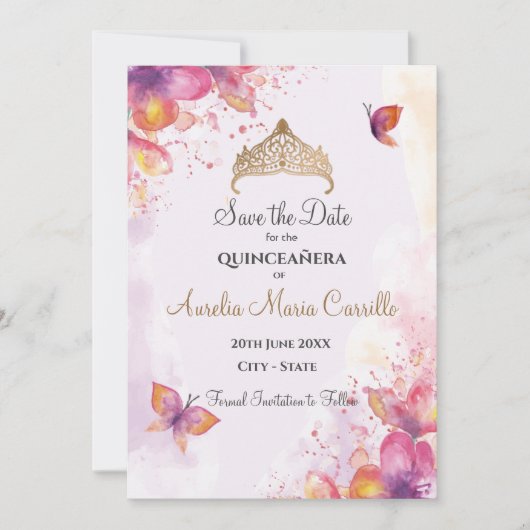 Quinceañera in waterverf met vlinders save the date (Voorkant)
