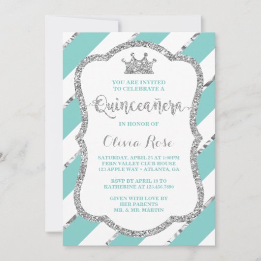 Quinceañera Invitation, Aqua, Silver, Crown Kaart (Voorkant)