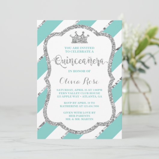Quinceañera Invitation, Aqua, Silver, Crown Kaart (Staand voorkant)