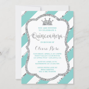 Quinceañera Invitation, Aqua, Silver, Crown Kaart