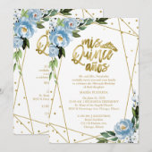 Quinceanera Invitation Bilingual Blue Gold Foil Kaart (Voorkant / Achterkant)
