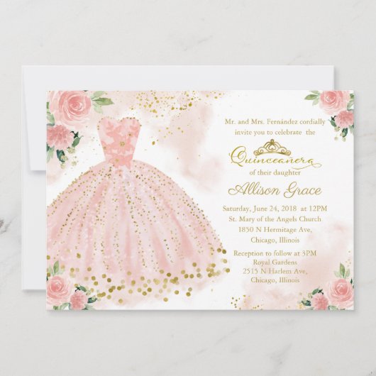 Quinceanera Invitation Bilingual Pink Blush Gown Kaart (Voorkant)