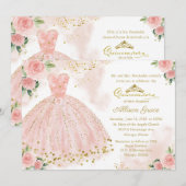 Quinceanera Invitation Bilingual Pink Blush Gown Kaart (Voorkant / Achterkant)