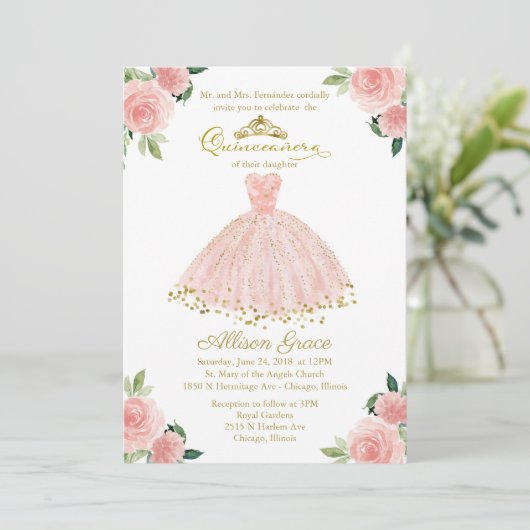 Quinceanera Invitation Bilingual Pink Blush Gown Kaart (Staand voorkant)