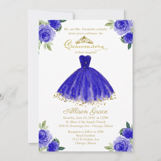 Quinceanera Invitation Bilingual Royal Blue Gown Kaart (Voorkant)