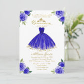 Quinceanera Invitation Bilingual Royal Blue Gown Kaart (Staand voorkant)
