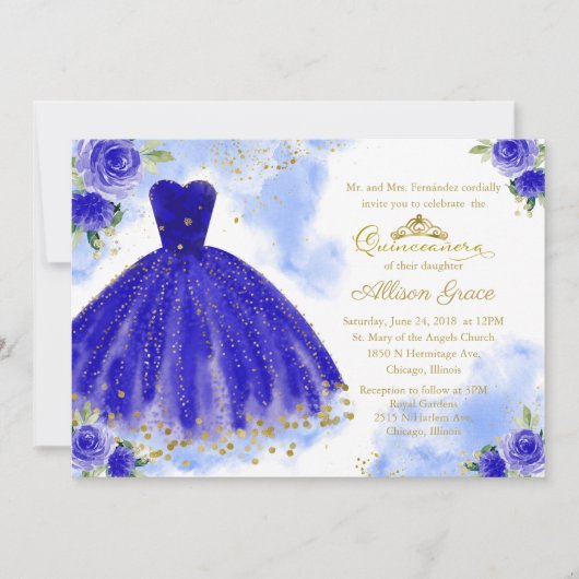 Quinceanera Invitation Bilingual Royal Blue Gown Kaart (Voorkant)