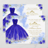 Quinceanera Invitation Bilingual Royal Blue Gown Kaart (Voorkant / Achterkant)