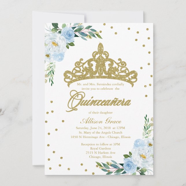 Quinceanera Invitation Bilingual Tiara Baby Blue (Voorkant)