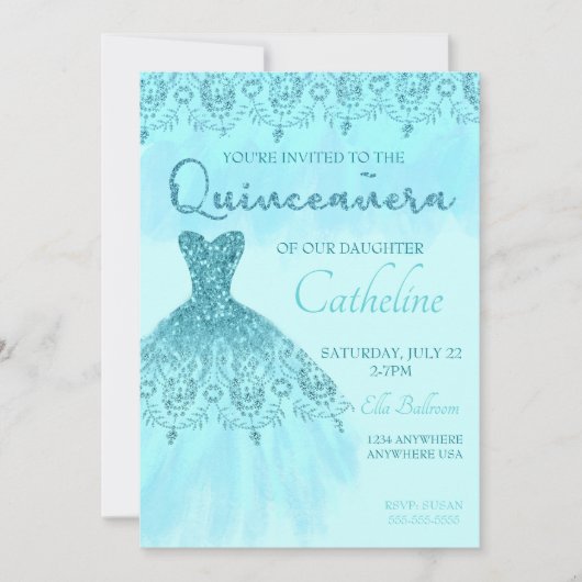 Quinceanera Invitation blauwgroen Glitter, 15e ver Kaart (Voorkant)