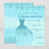 Quinceanera Invitation blauwgroen Glitter, 15e ver Kaart (Voorkant / Achterkant)