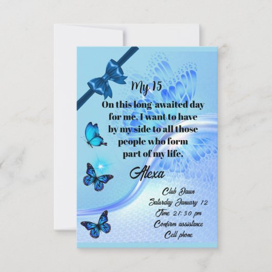 Quinceanera invitation digital butterfly blue kaart (Voorkant)