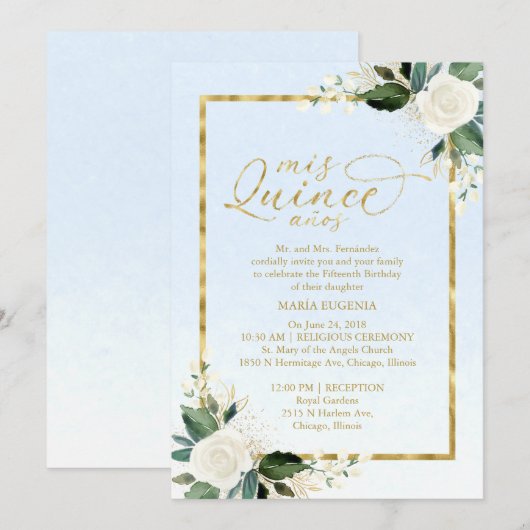 Quinceanera Invitation Dusty Blue Gold Foil Floral Kaart (Voorkant / Achterkant)