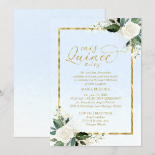 Quinceanera Invitation Dusty Blue Gold Foil Floral Kaart