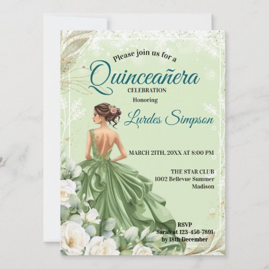  Quinceañera invitation Elegant Green Kaart (Voorkant)