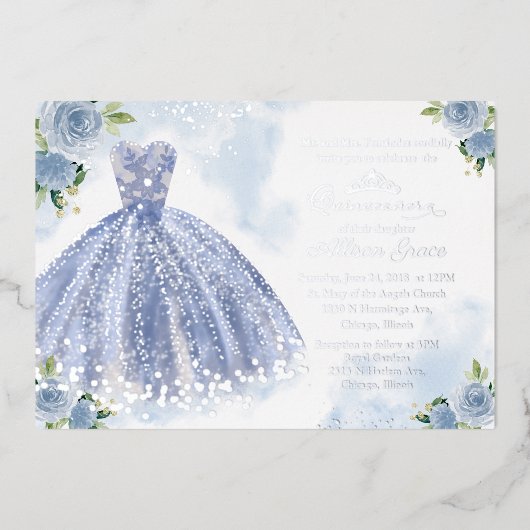 Quinceanera Invitation Floral Blue Gown Silver Folie Uitnodiging (Voorkant)
