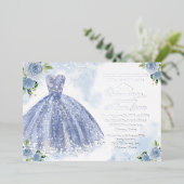 Quinceanera Invitation Floral Blue Gown Silver Folie Uitnodiging (Staand Voorkant)