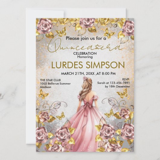 Quinceañera invitation Floral Gold Kaart (Voorkant)
