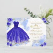 Quinceanera Invitation Gold Foil Royal Blue Gown Kaart (Staand voorkant)