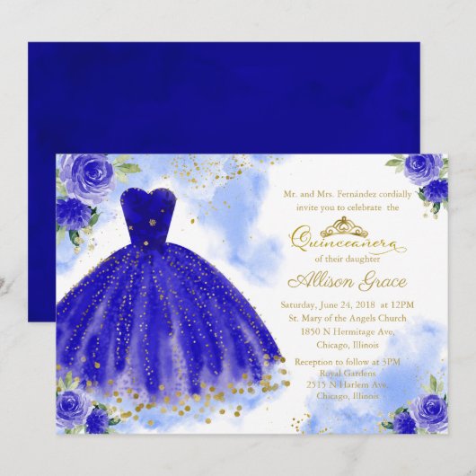 Quinceanera Invitation Gold Foil Royal Blue Gown Kaart (Voorkant / Achterkant)