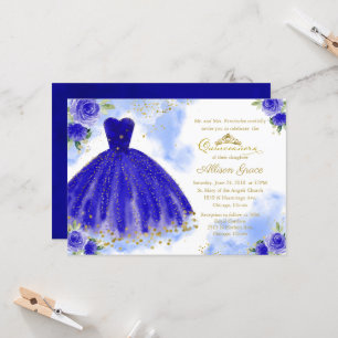 Quinceanera Invitation Gold Foil Royal Blue Gown Kaart