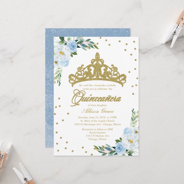 Quinceanera Invitation Gold Tiara Baby Blue Floral (Voorkant / Achterkant in situ)