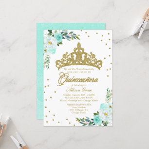 Quinceanera Invitation Gold Tiara en Blauwgroen bl